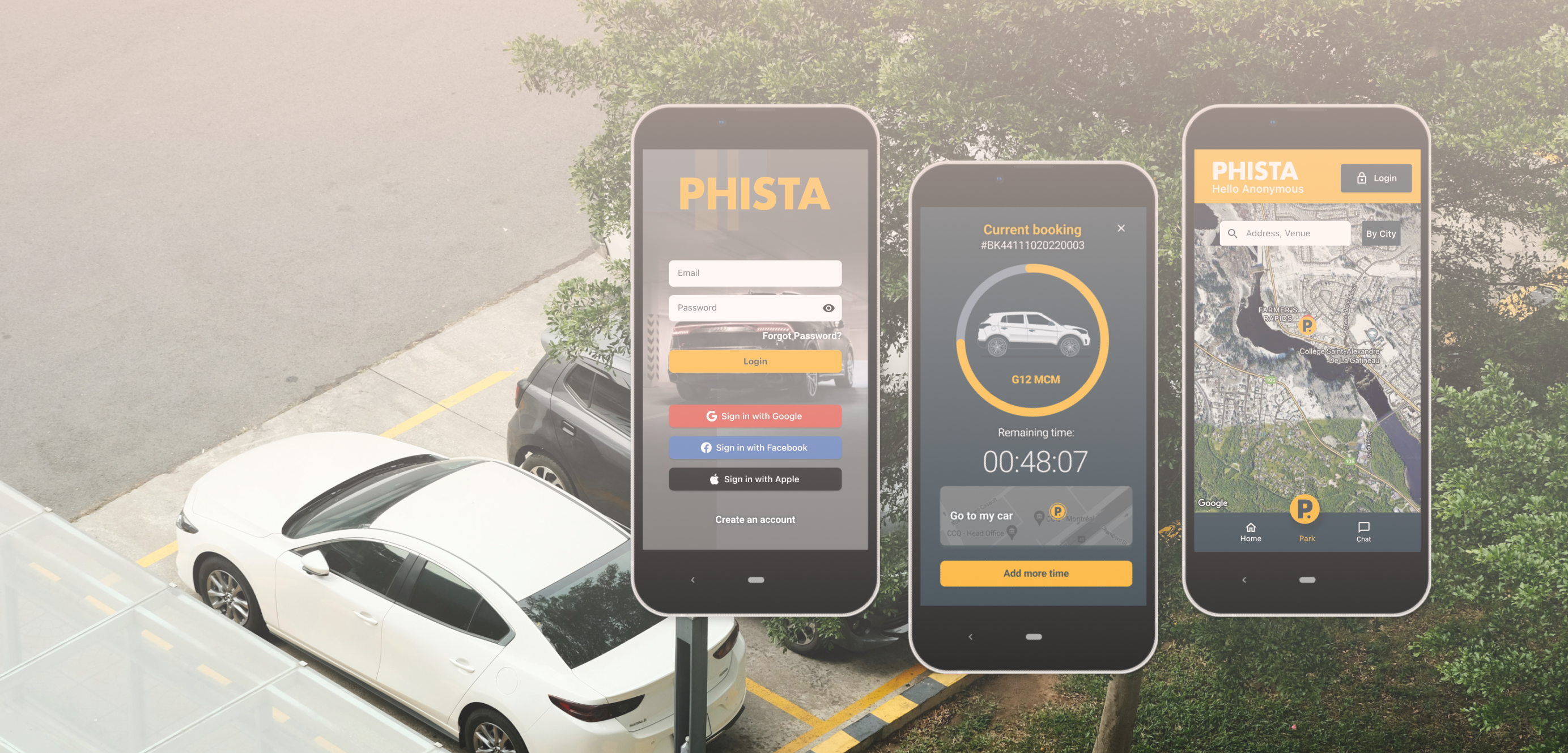 Écrans de l'application mobile Phista pour la réservation de stationnement